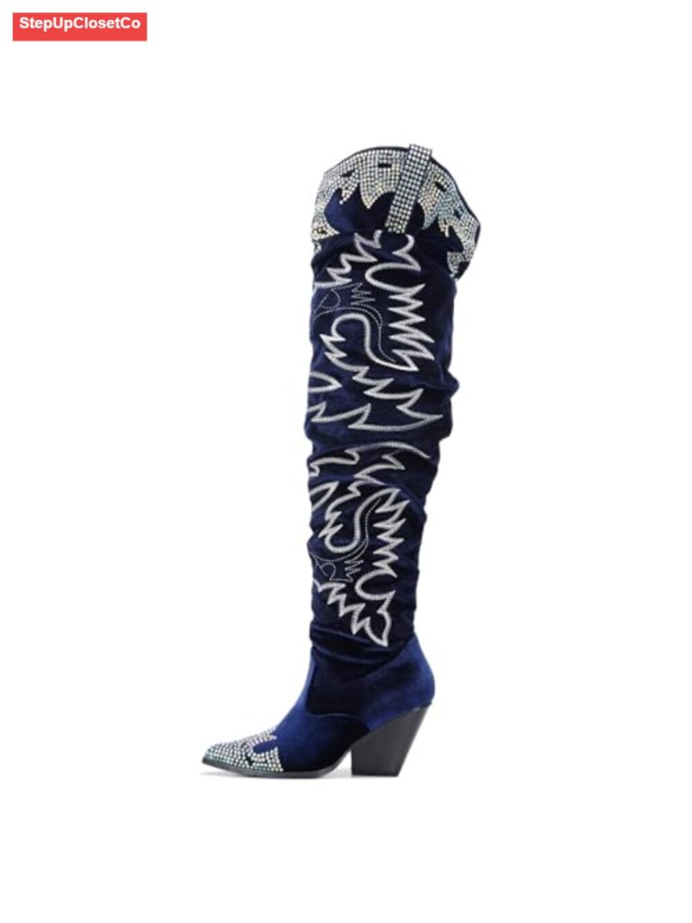Rhinestone Embroidered Thigh High Slouchy Wide Calf Pull On Boots with Memory